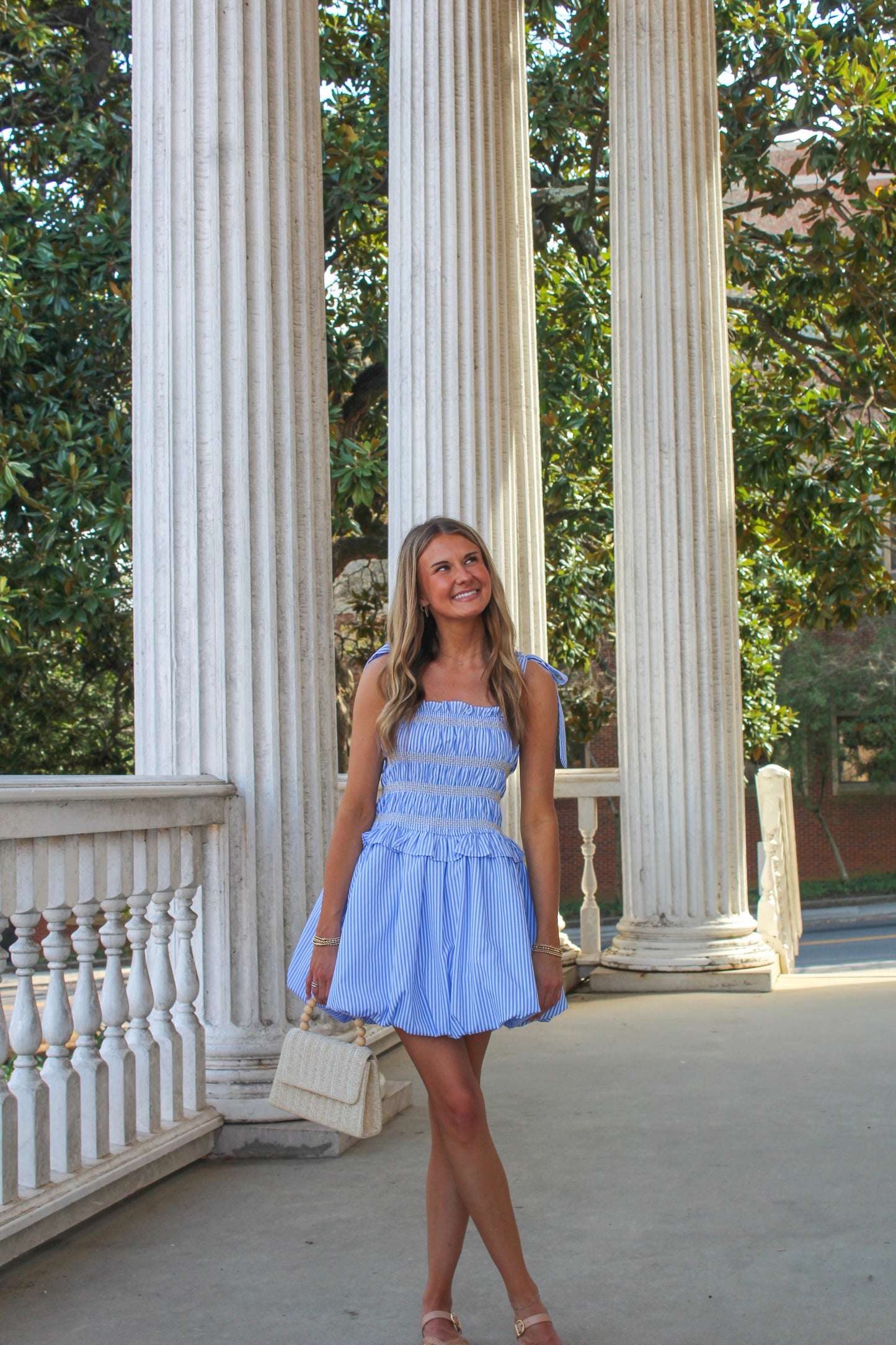 Blue Striped Mini Bubble Waist Dress