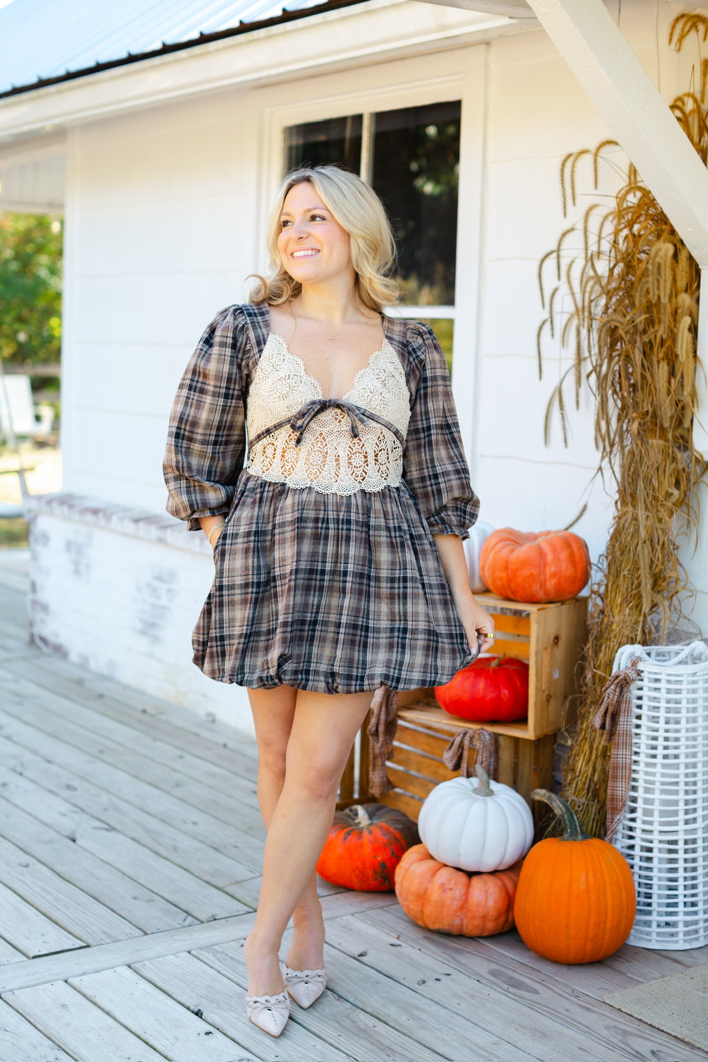 Brown Gingham Bubble Mini Dress