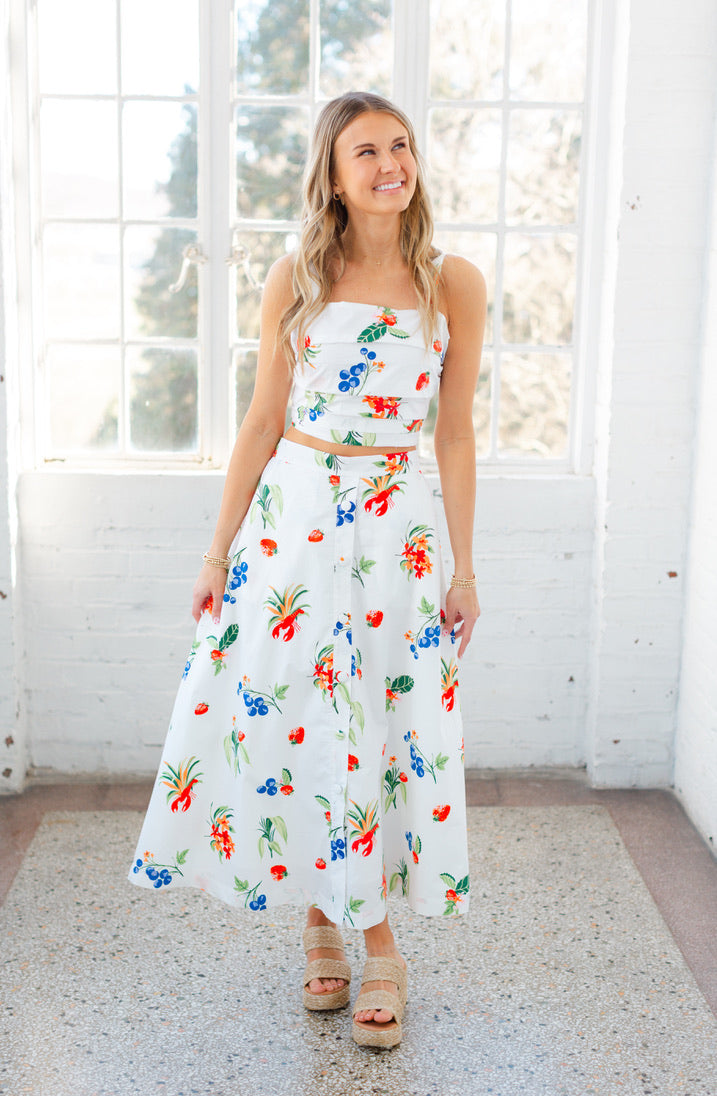 White Tropical Printed Matching Skirt Set