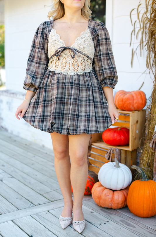 Brown Gingham Bubble Mini Dress