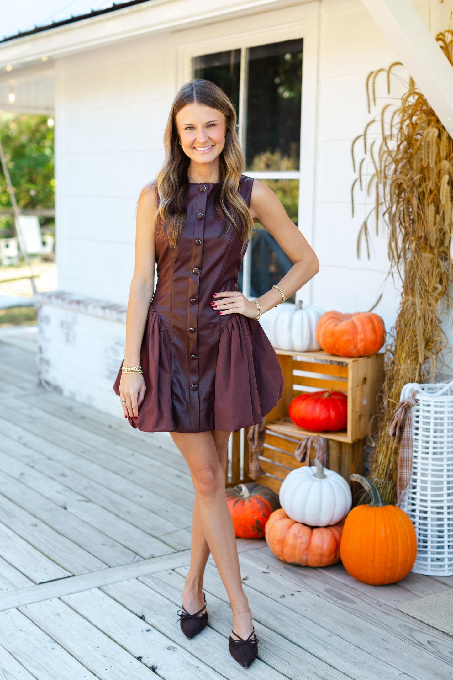 Brown Faux Leather Poplin Mini Dress