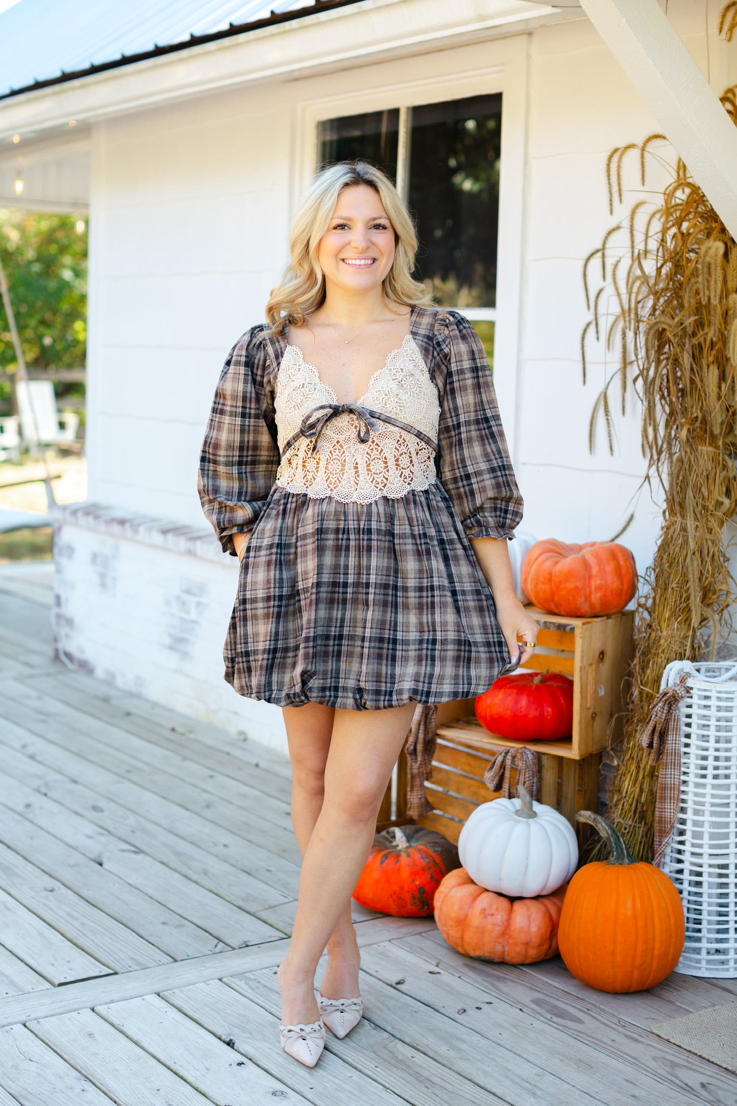 Brown Gingham Bubble Mini Dress