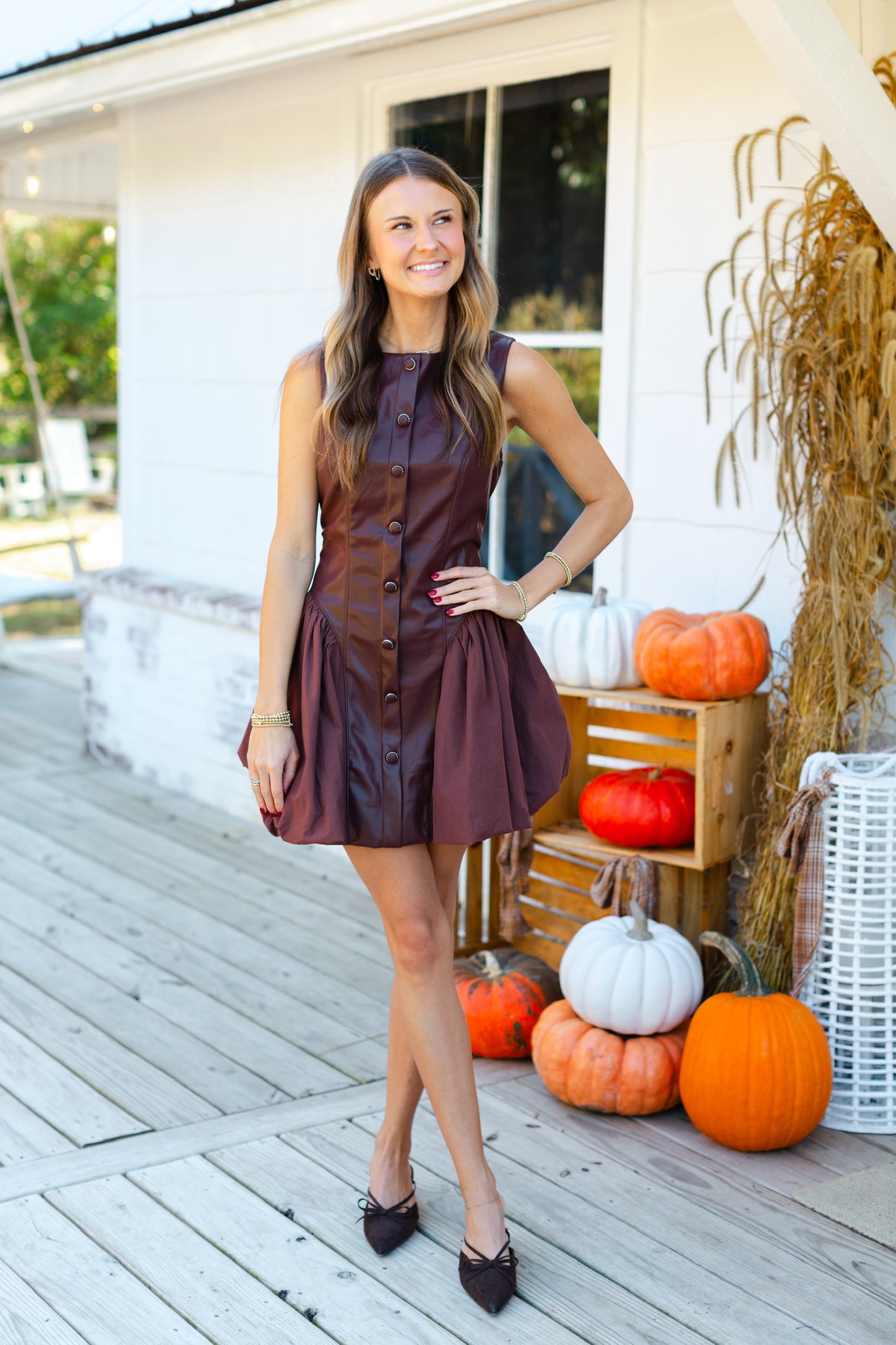 Brown Faux Leather Poplin Mini Dress