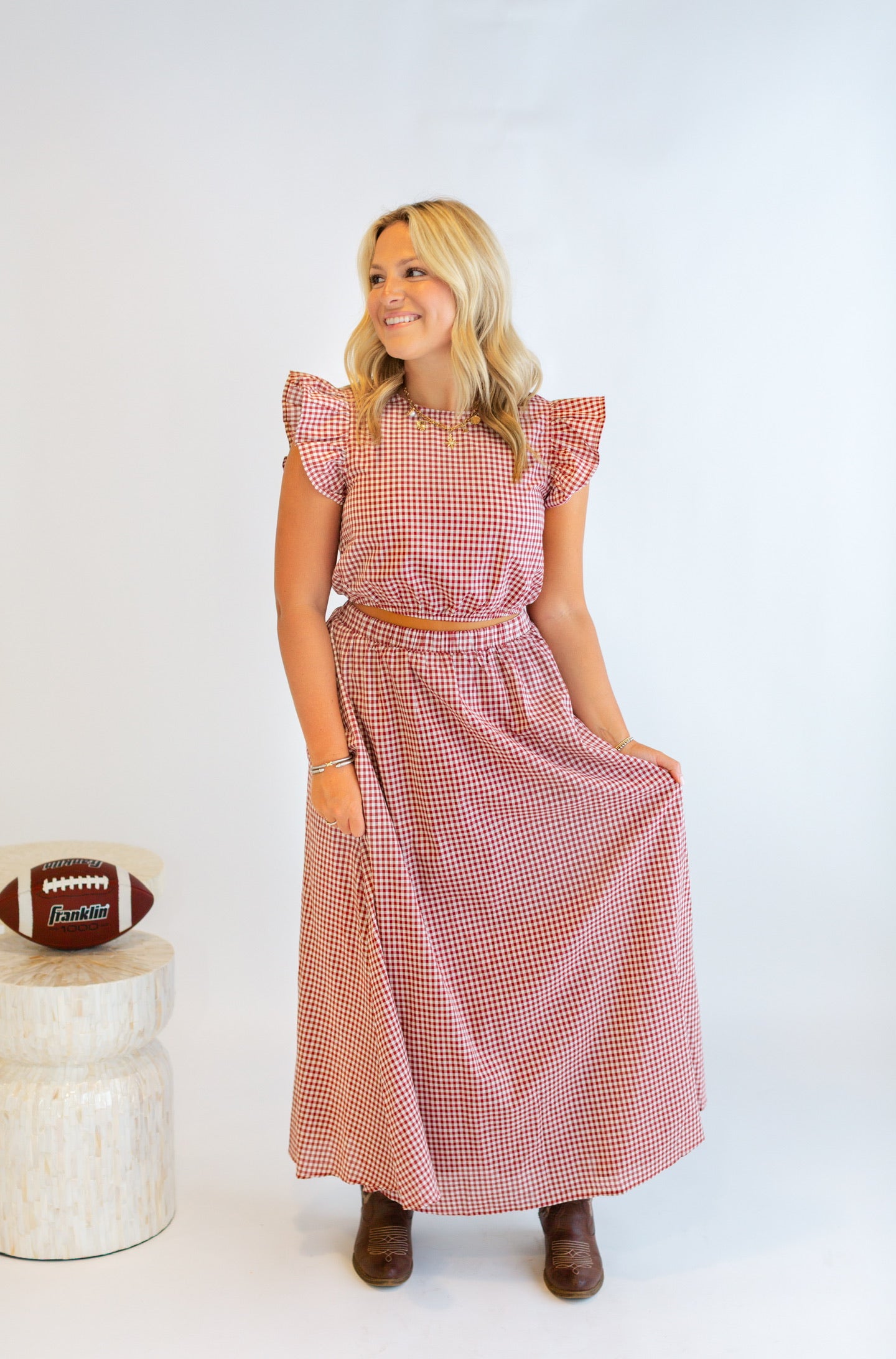 Maroon Gingham Matching Maxi Skirt Set