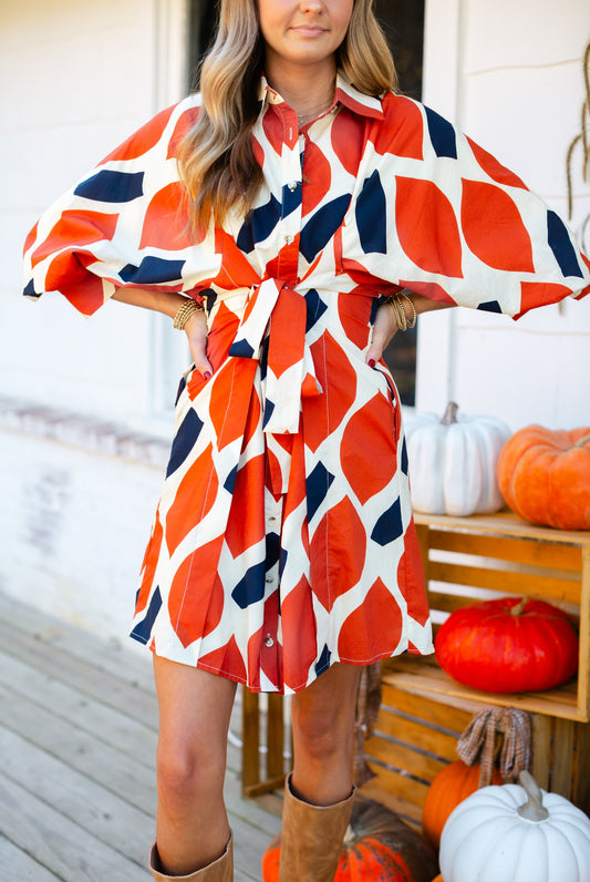 Orange & Navy Printed Bubble Sleeve Mini Dress