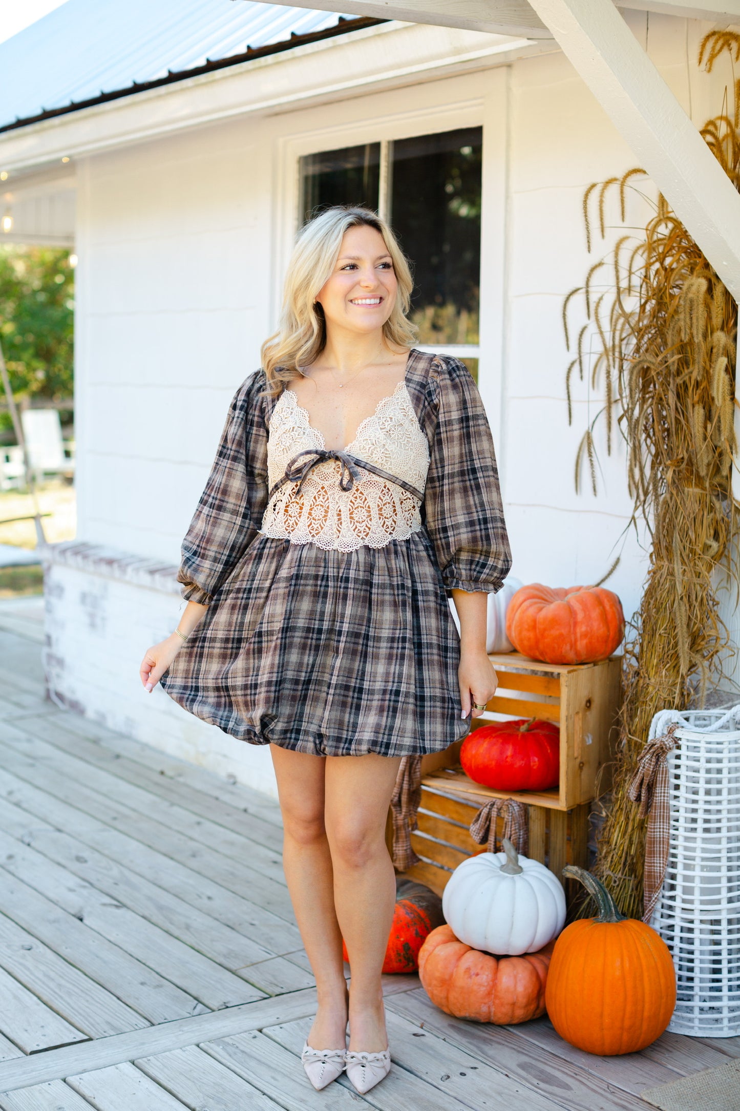 Brown Gingham Bubble Mini Dress
