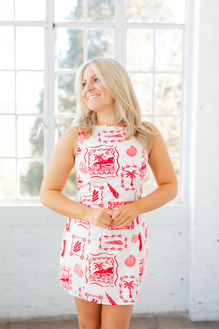 Red Palm Tree Printed Mini Dress