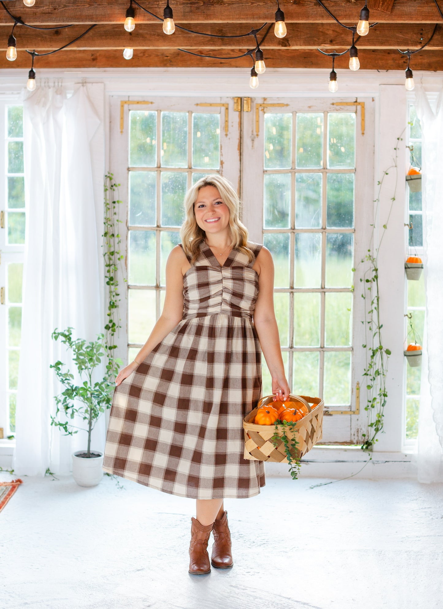 Brown Checkered Midi Dress