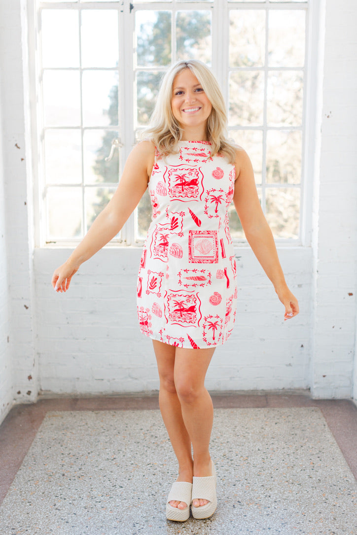 Red Palm Tree Printed Mini Dress