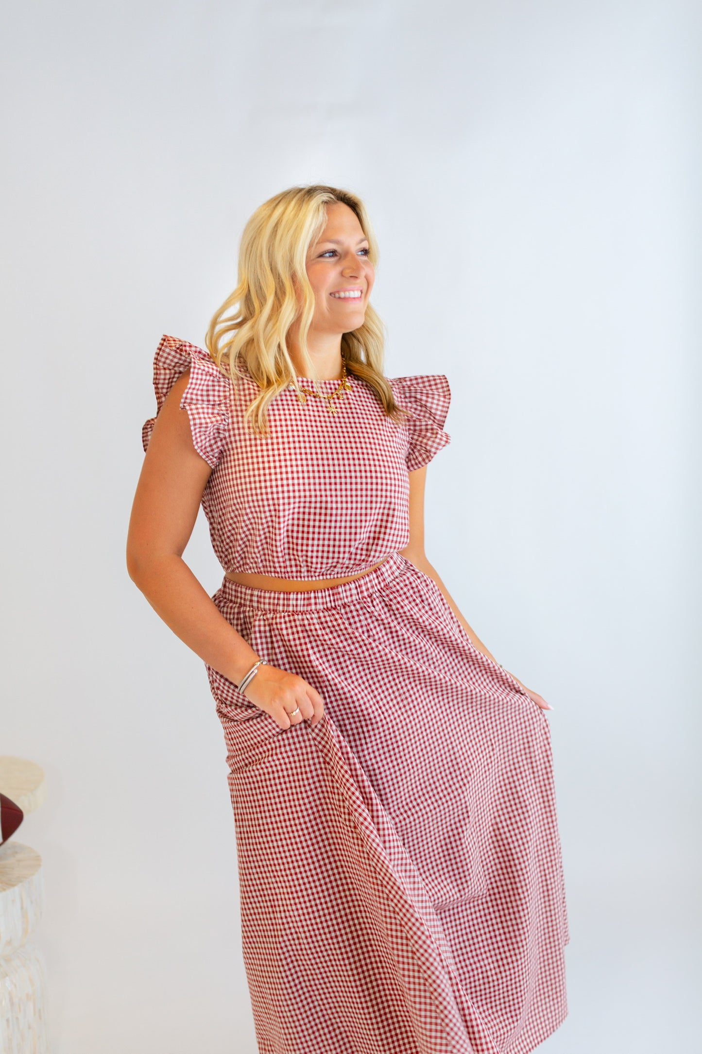 Maroon Gingham Matching Maxi Skirt Set