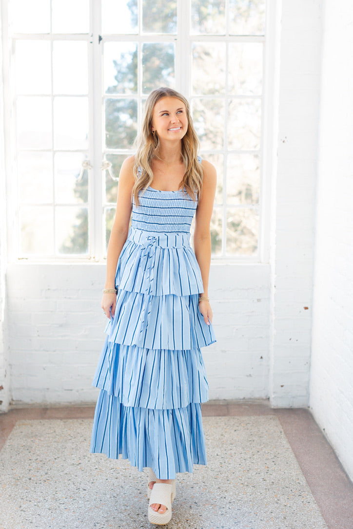 Blue Stripe Tiered Maxi Dress