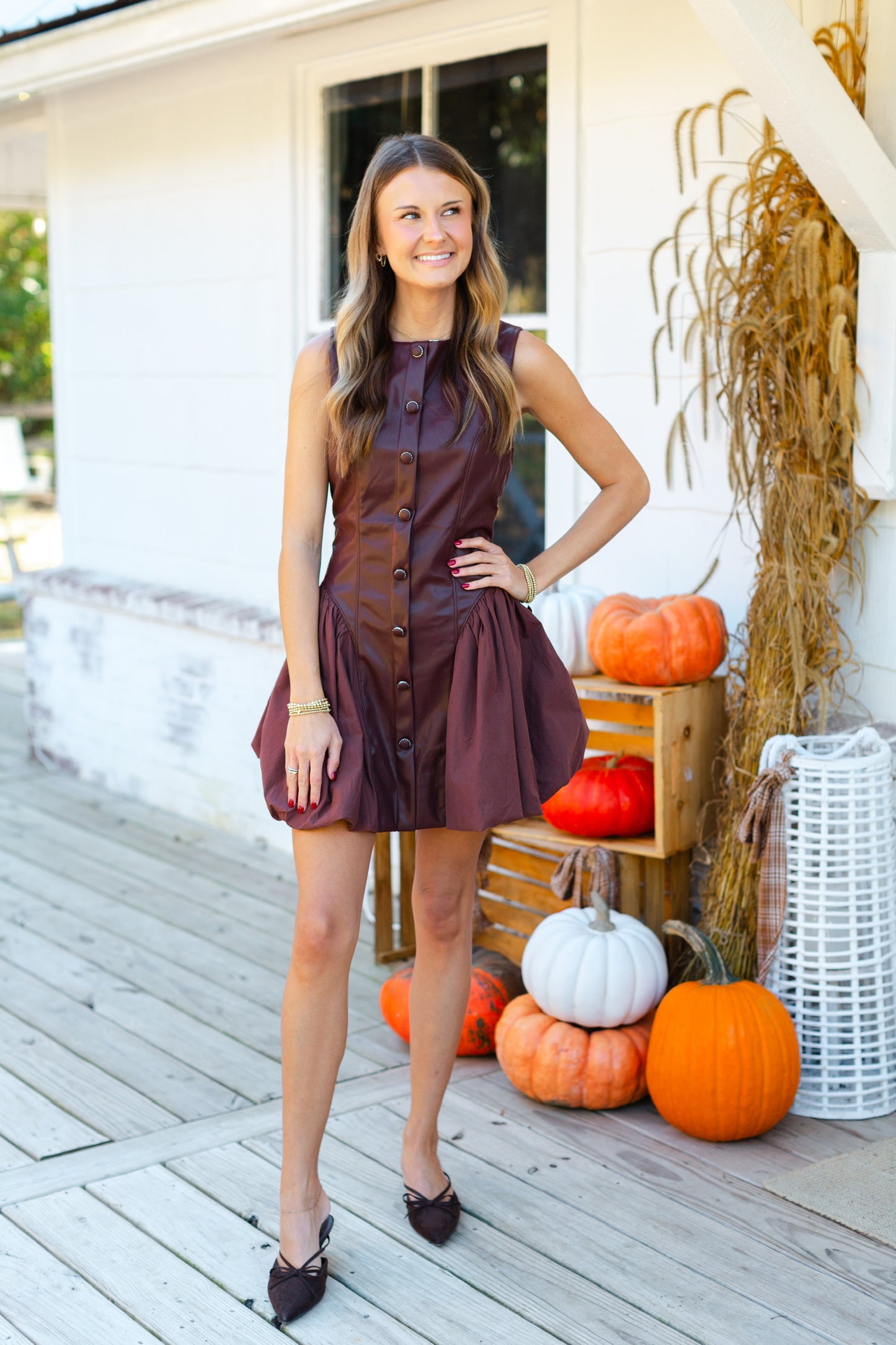 Brown Faux Leather Poplin Mini Dress