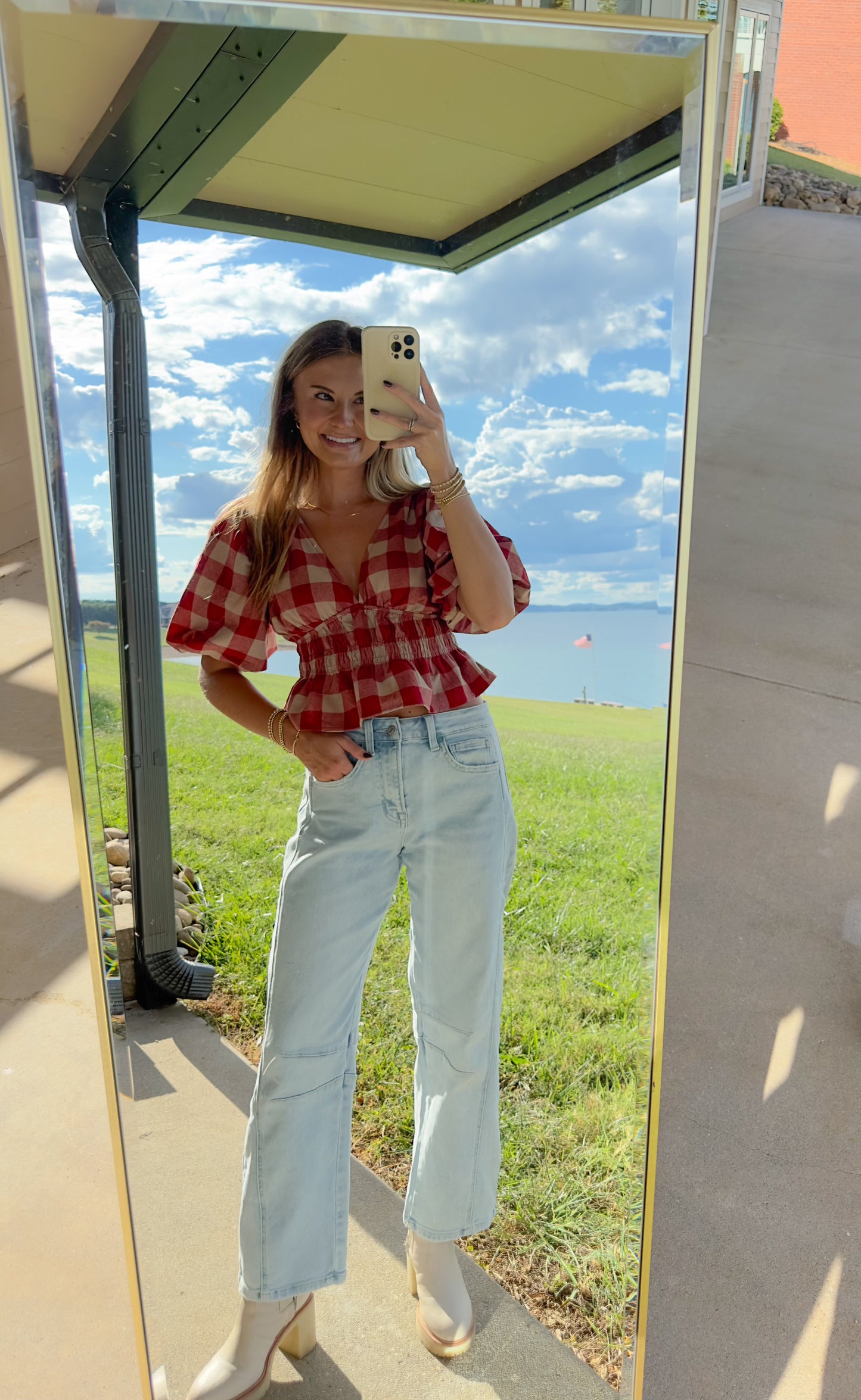 Red Gingham Bubble Sleeve Top