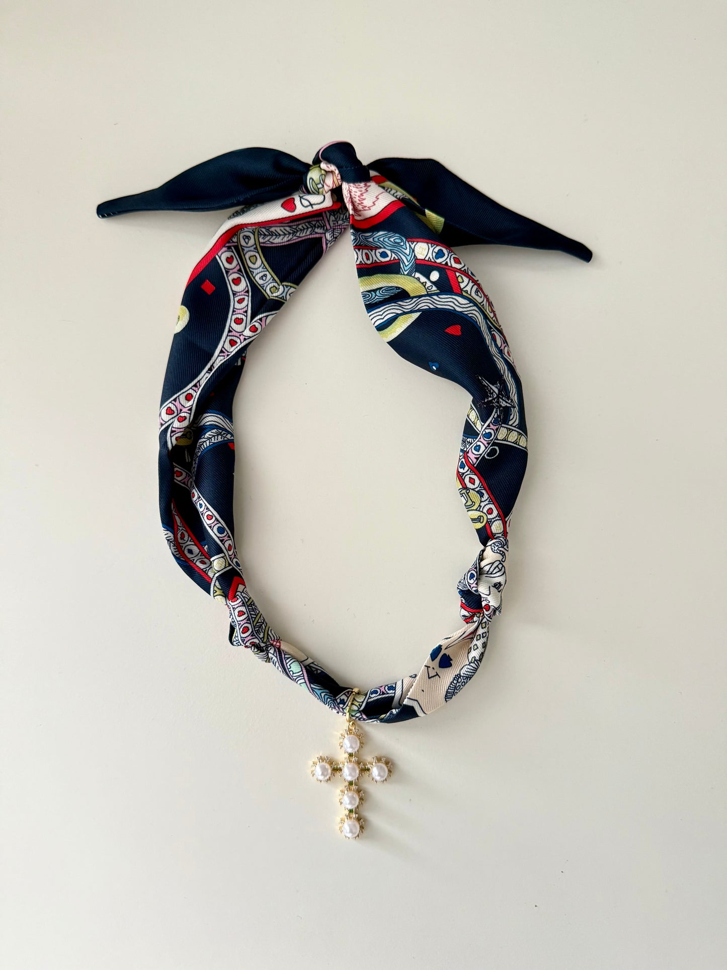 Navy Gold Cross Scarf Necklace