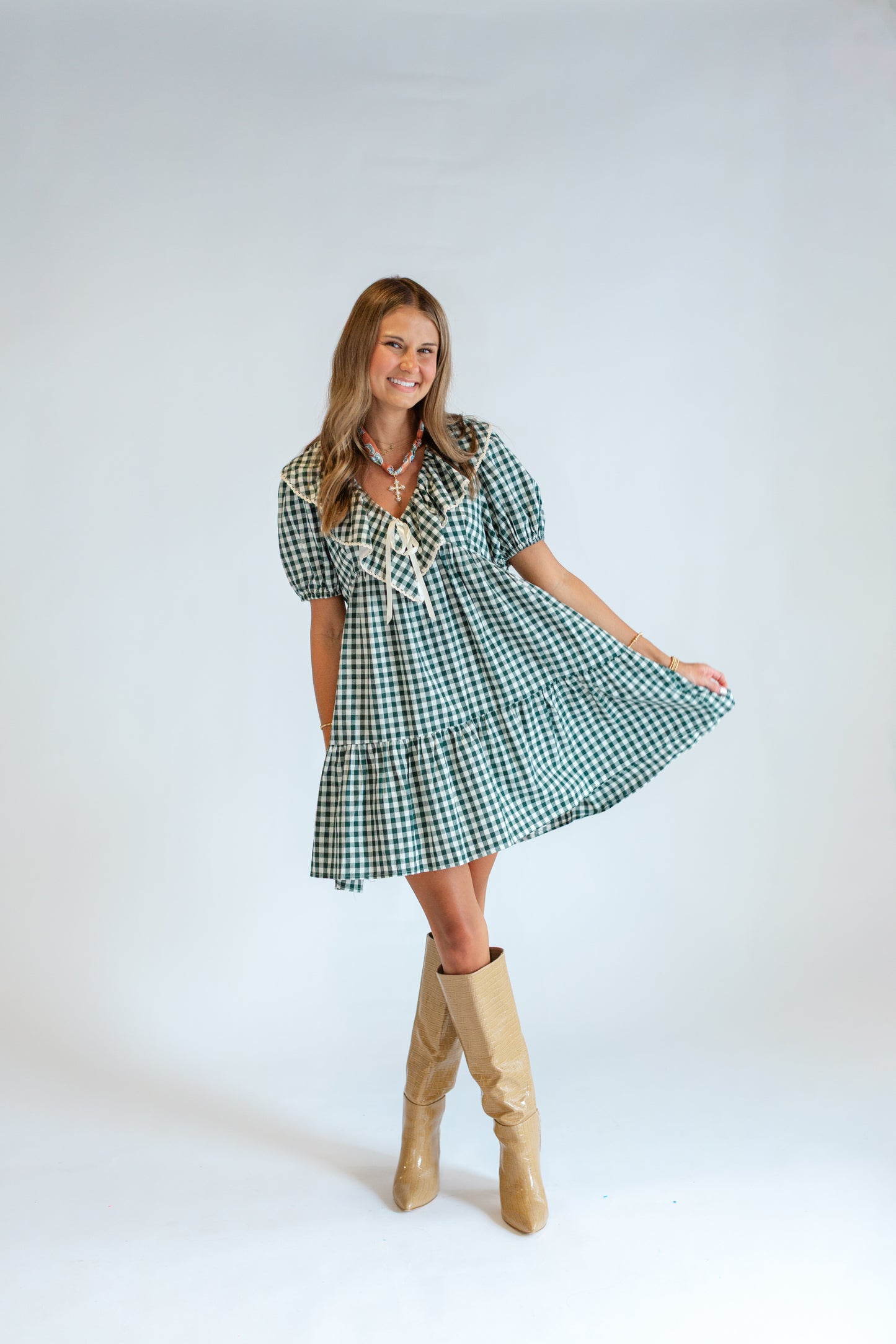 Green Gingham Short Sleeve Dress