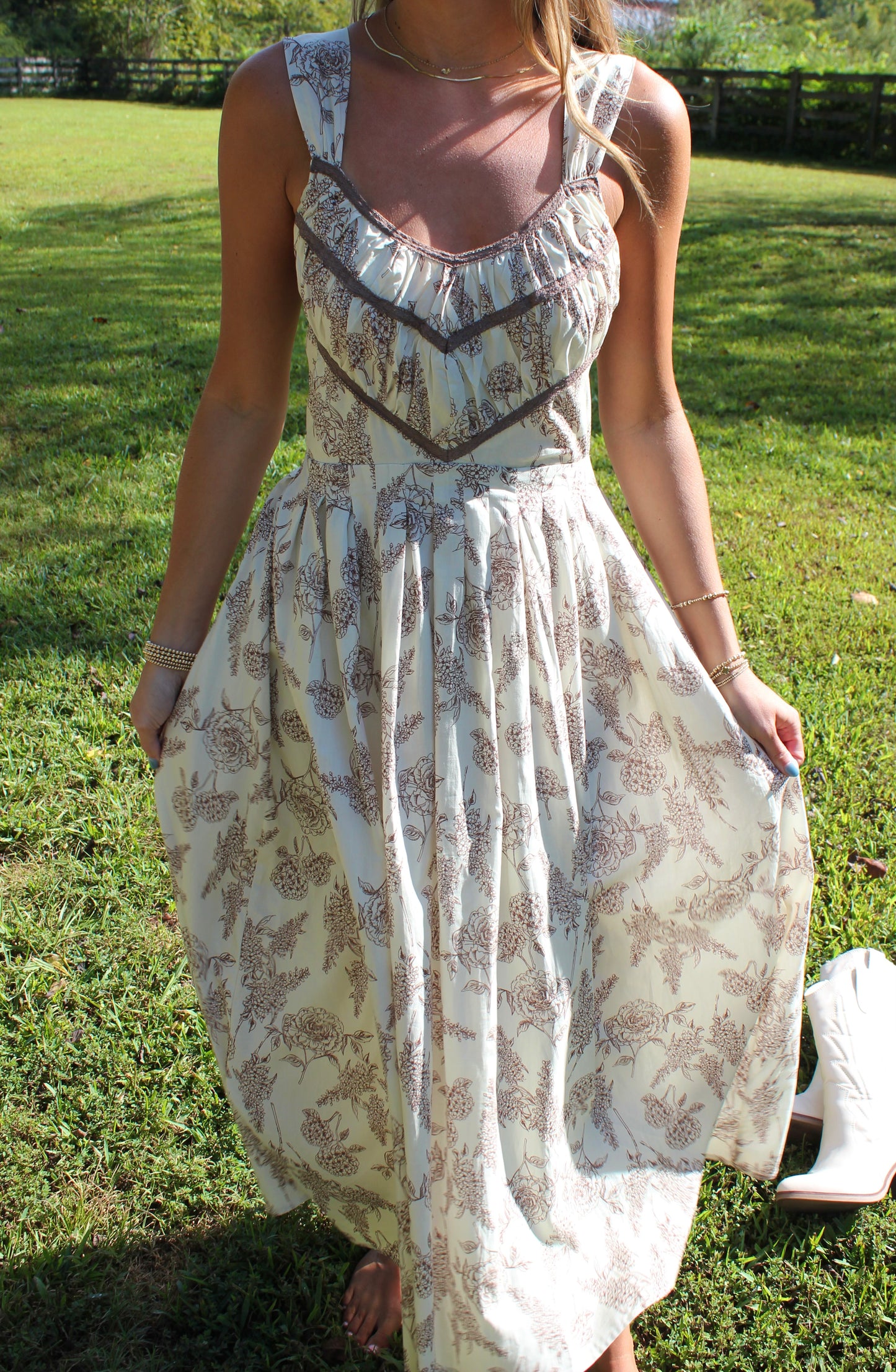 Cream & Brown Floral Maxi Dress