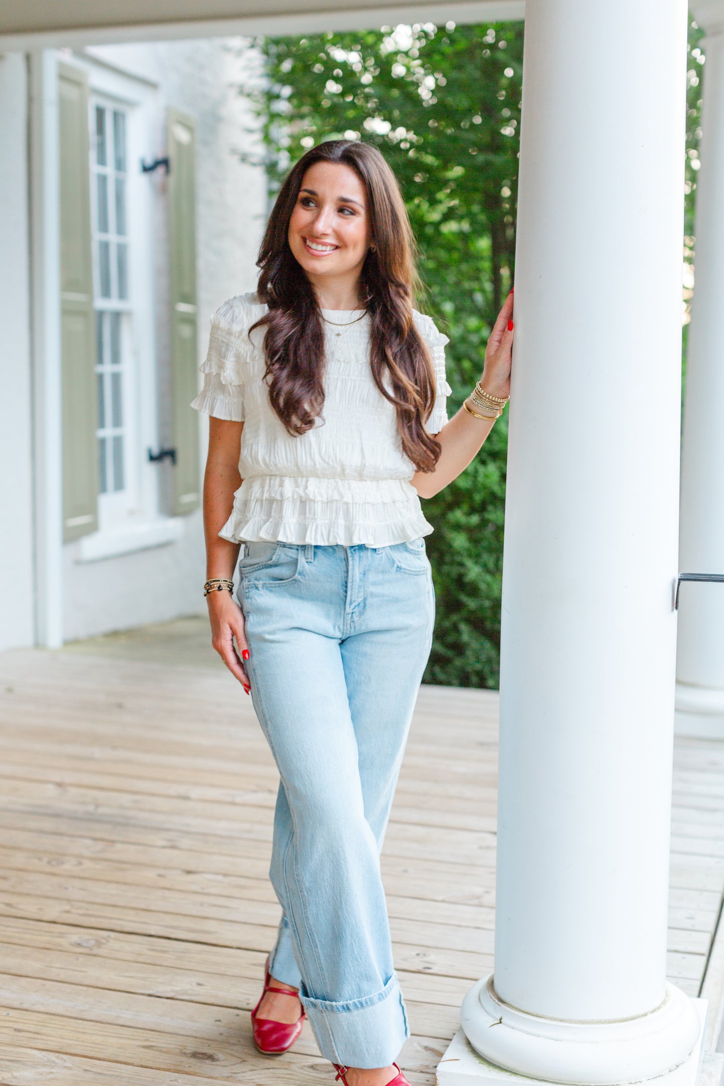Cream Smocked Short Sleeve Top