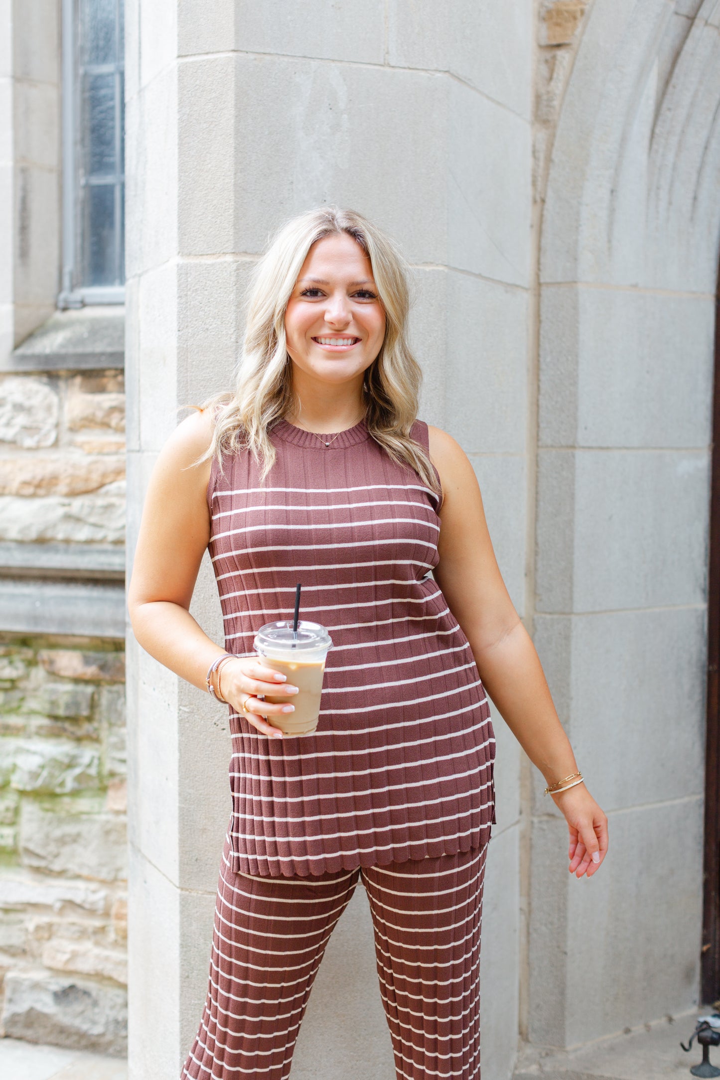 Brown Striped Sweater Knit Set