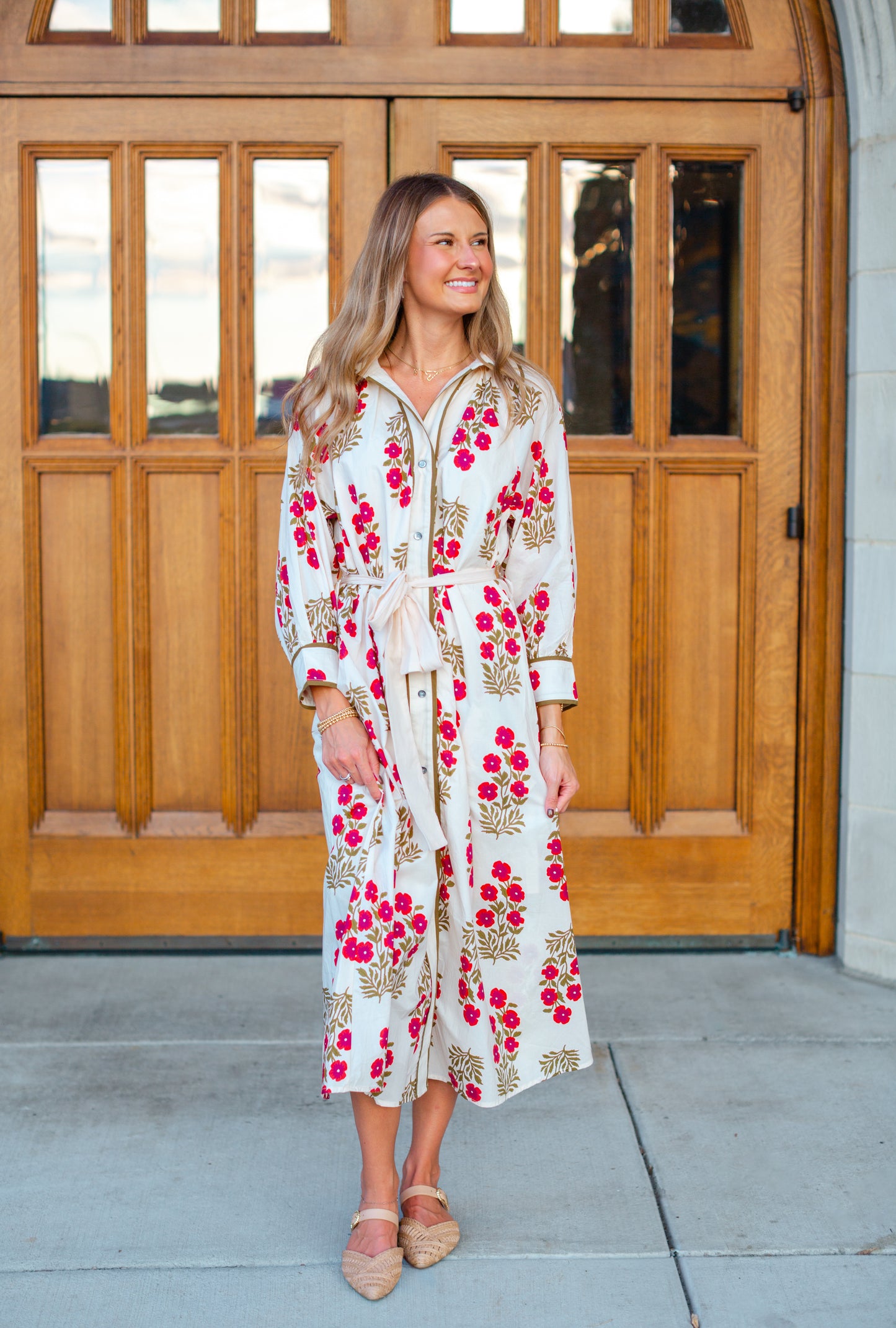 Cream Floral Belted Maxi Dress