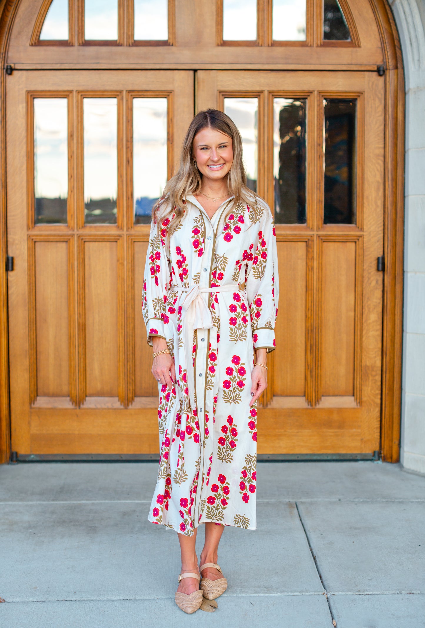 Cream Floral Belted Maxi Dress