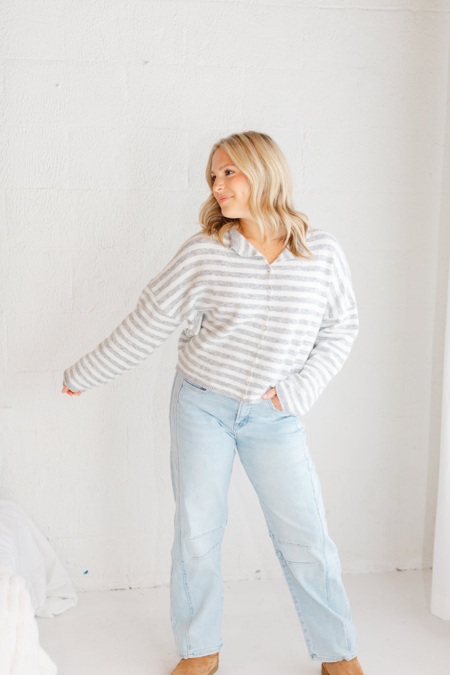 Piper Grey and White Striped Cardigan