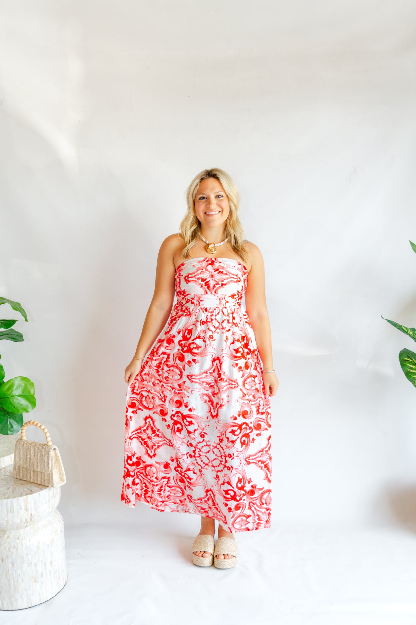 Red Strapless Printed Maxi Dress