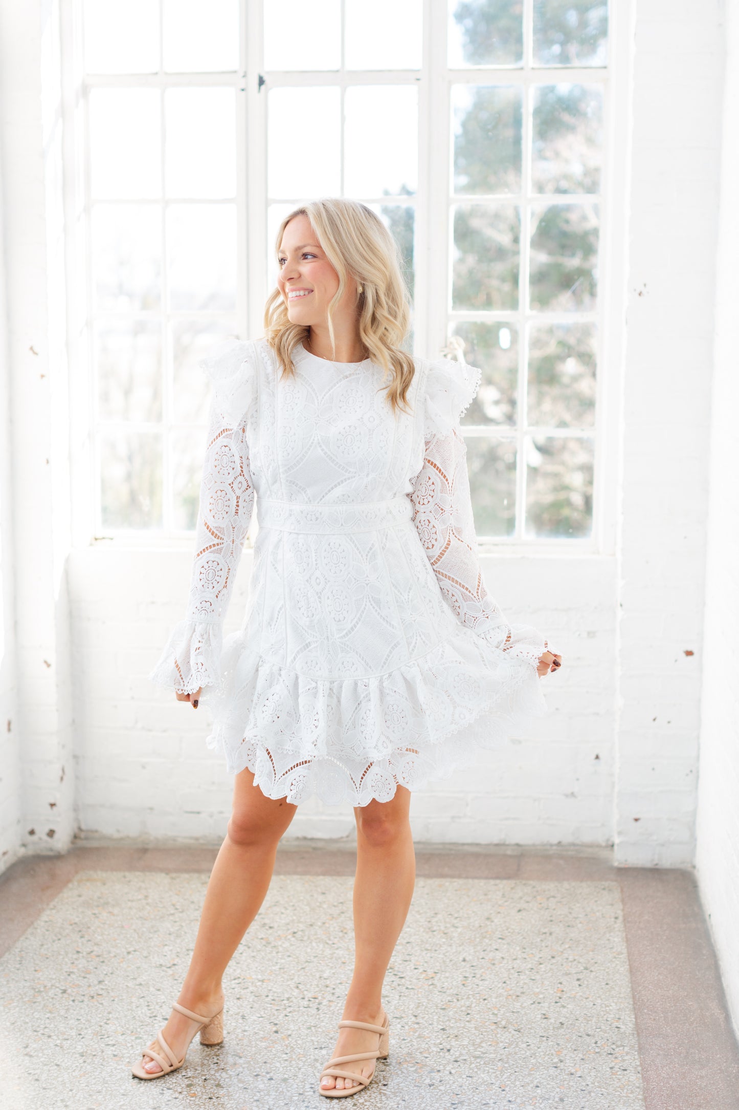White Lace Tiered Mini Dress