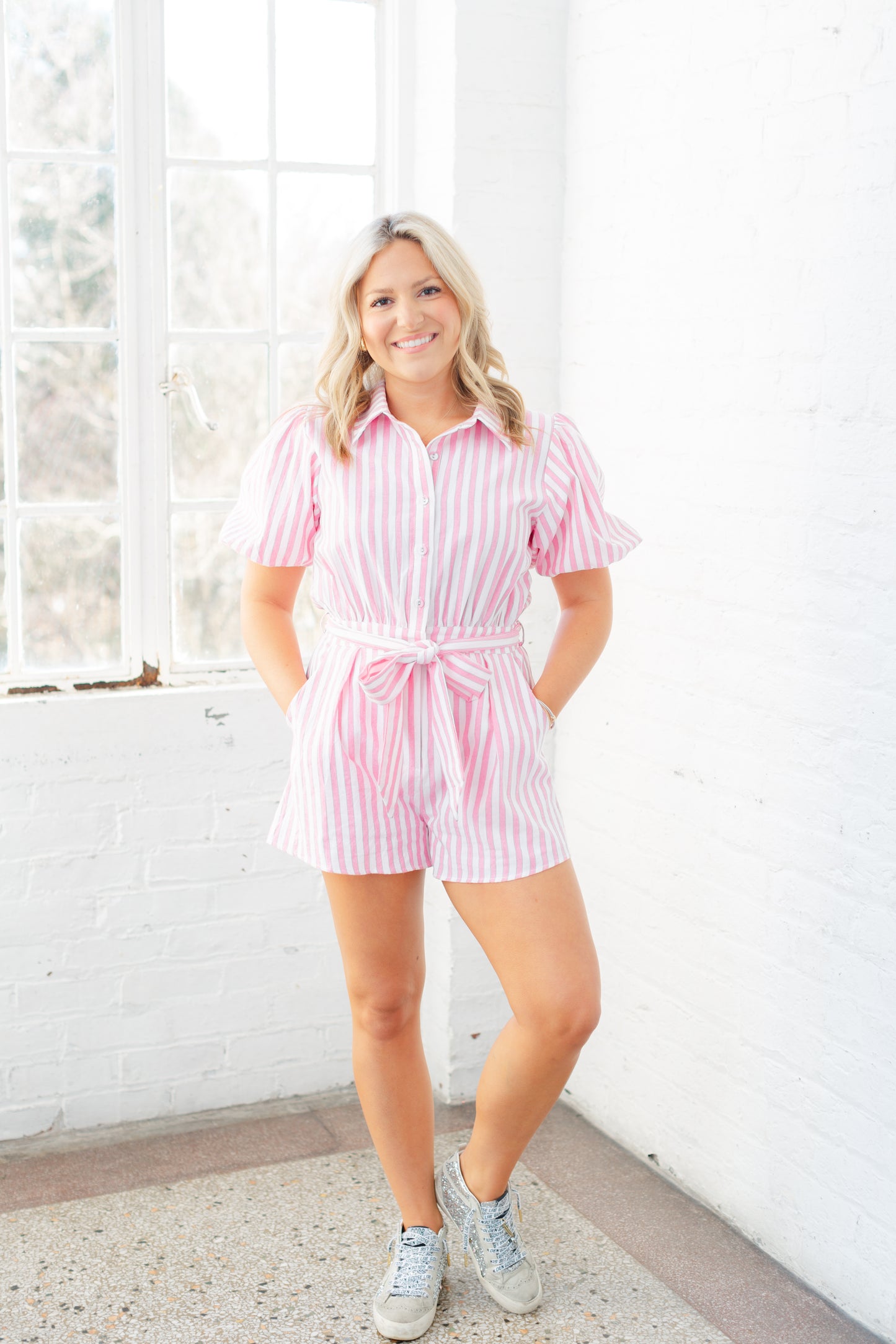 Pink Belted Striped Romper