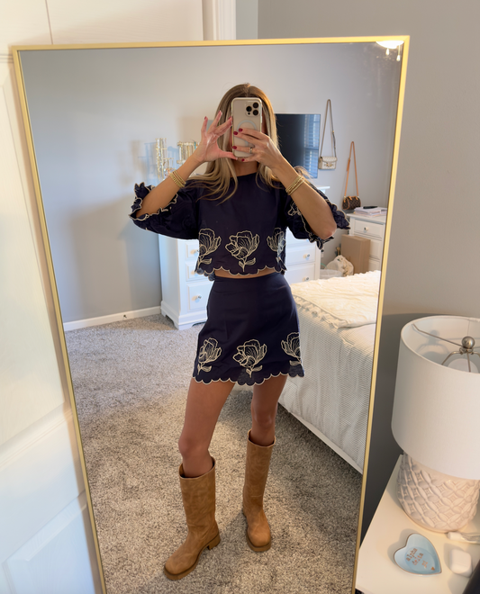 Navy Scalloped Matching Skirt Set