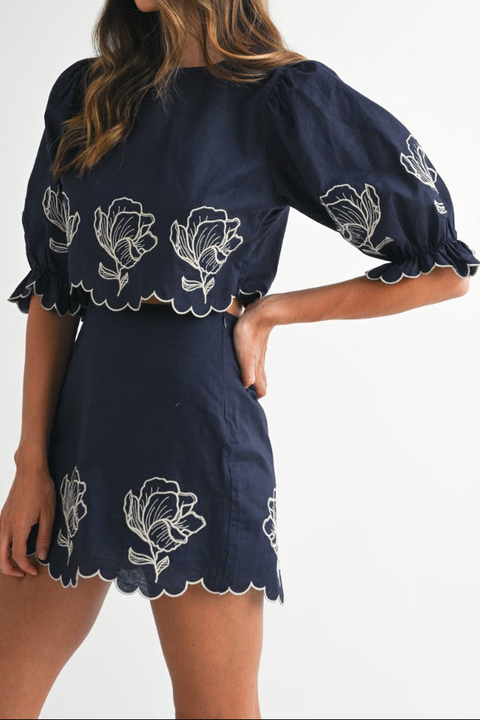 Navy Scalloped Matching Skirt Set