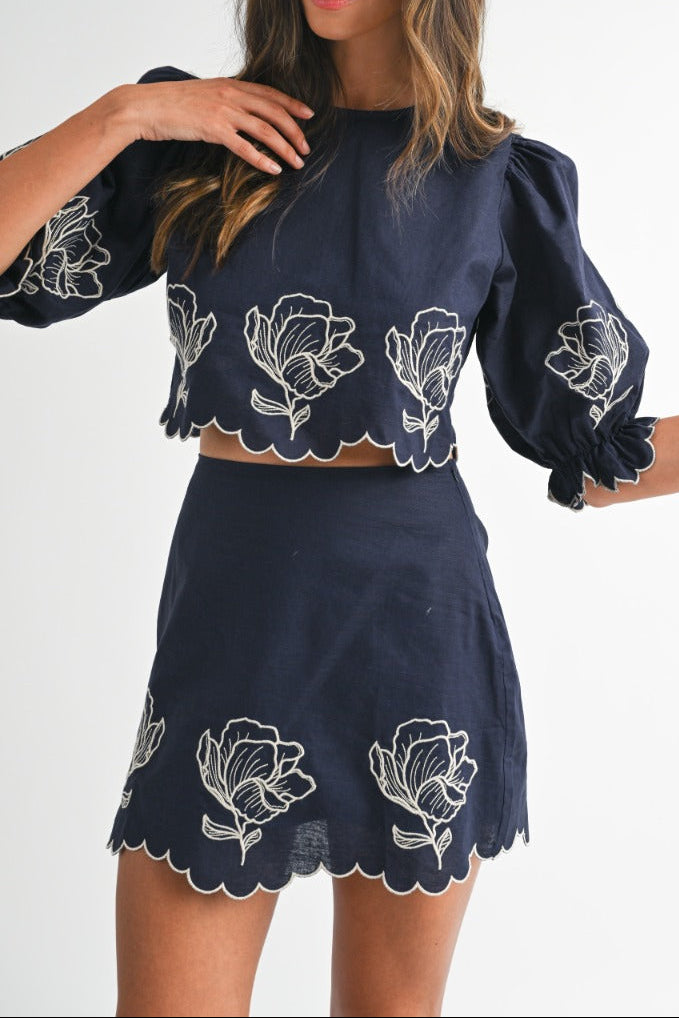 Navy Scalloped Matching Skirt Set