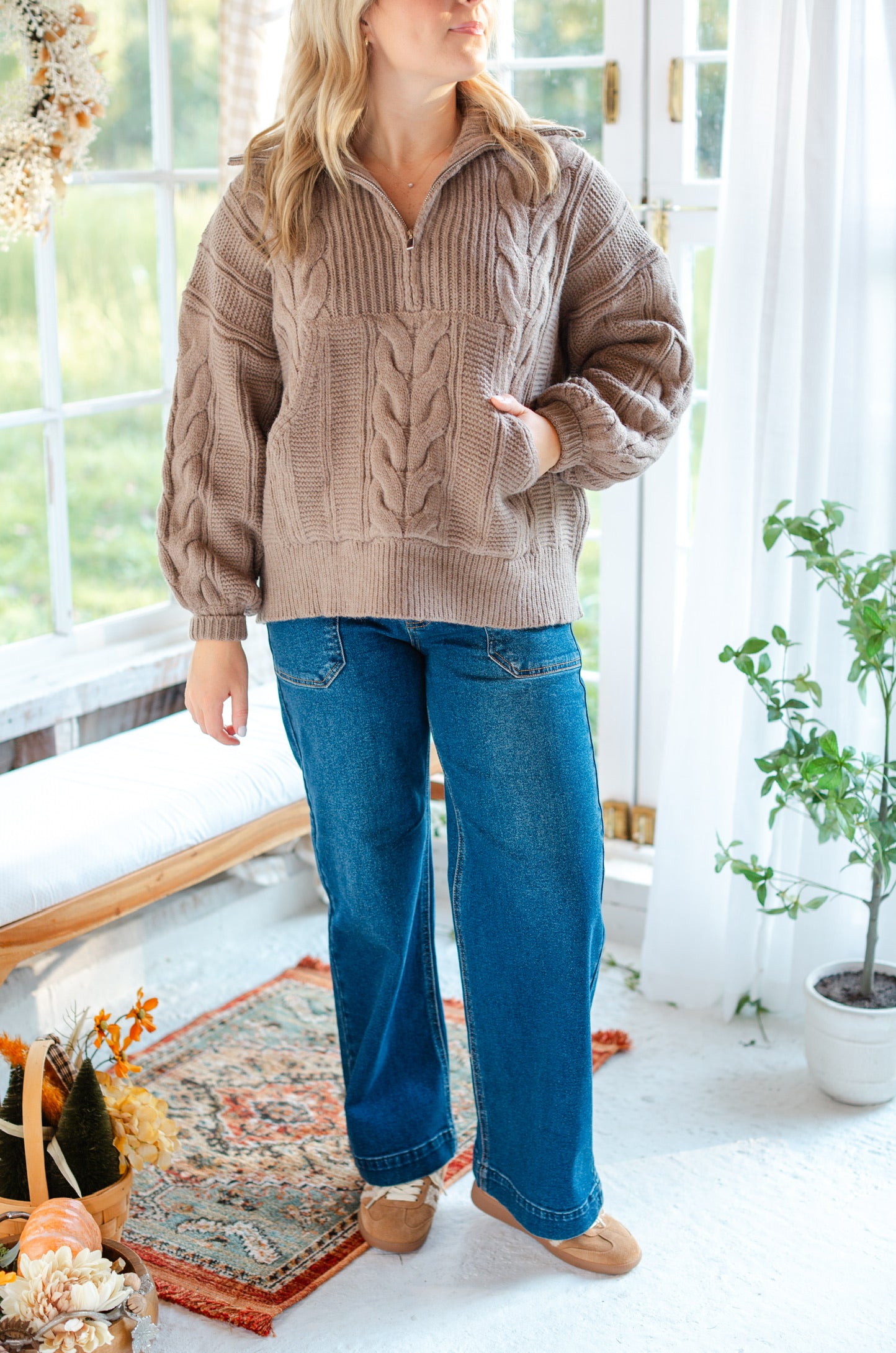 Taupe Chunky Cable Knit Half Zip Sweater