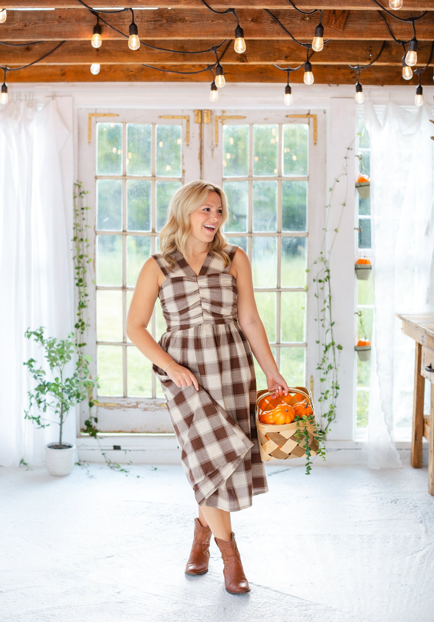 Brown Checkered Midi Dress