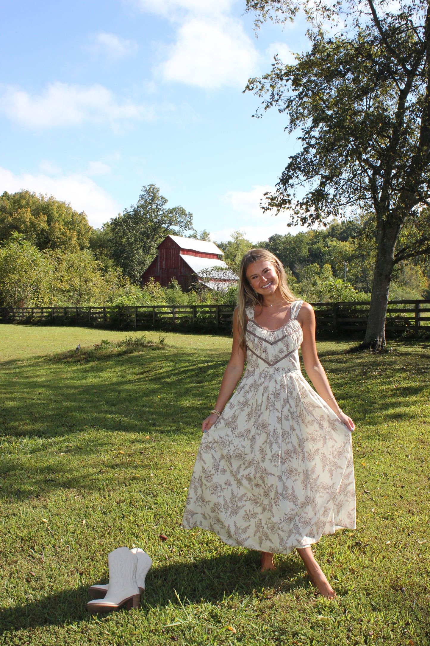 Cream & Brown Floral Maxi Dress