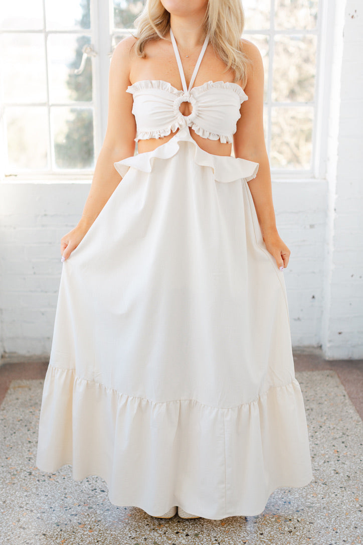 Ivory Cut Out Ruffled Maxi Halter Dress