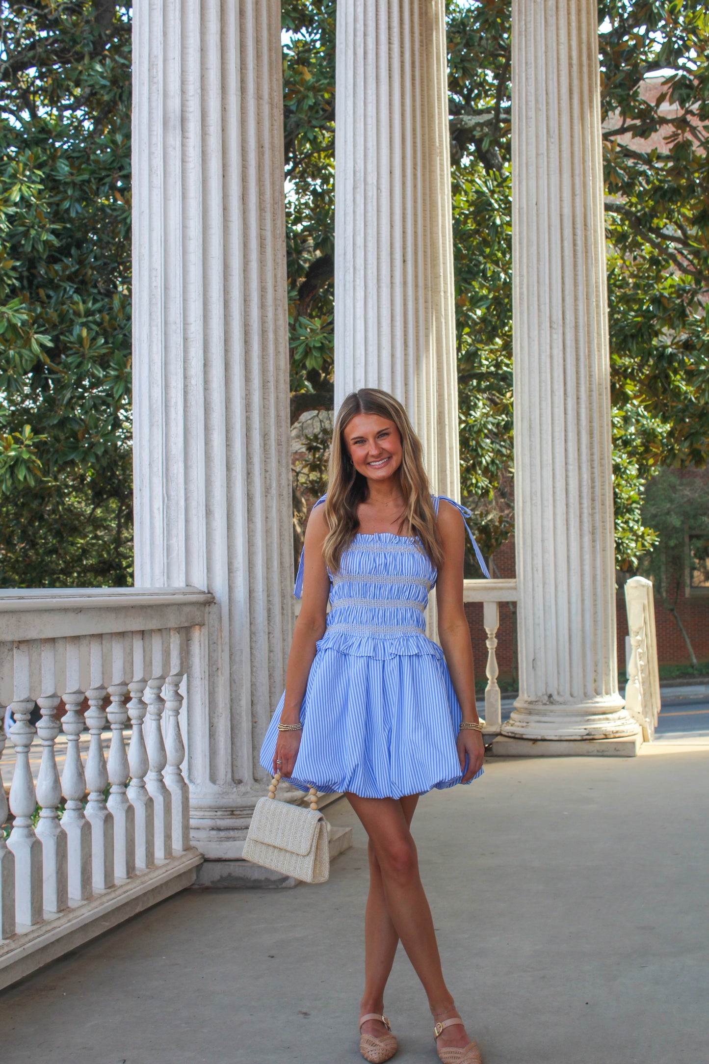 Blue Striped Mini Bubble Waist Dress