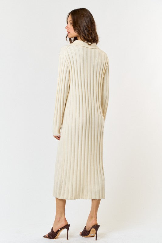 Cream V-Neck Ribbed Sweater Dress
