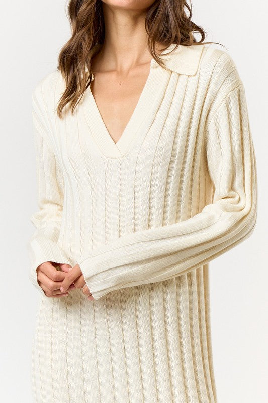 Cream V-Neck Ribbed Sweater Dress