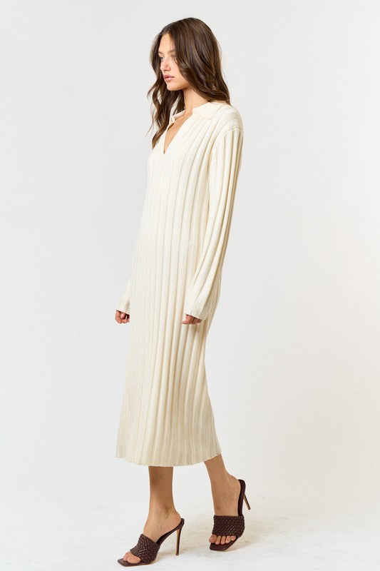 Cream V-Neck Ribbed Sweater Dress
