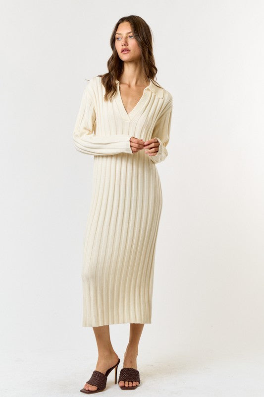 Cream V-Neck Ribbed Sweater Dress