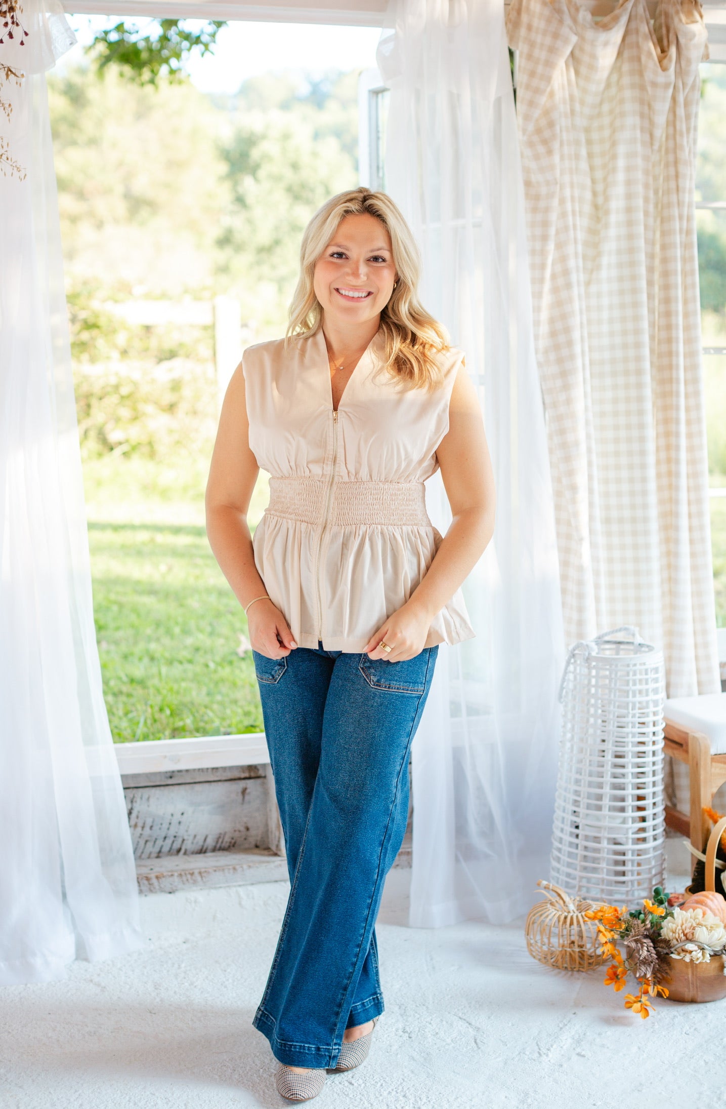 Cream Zip Up Sleeveless Top