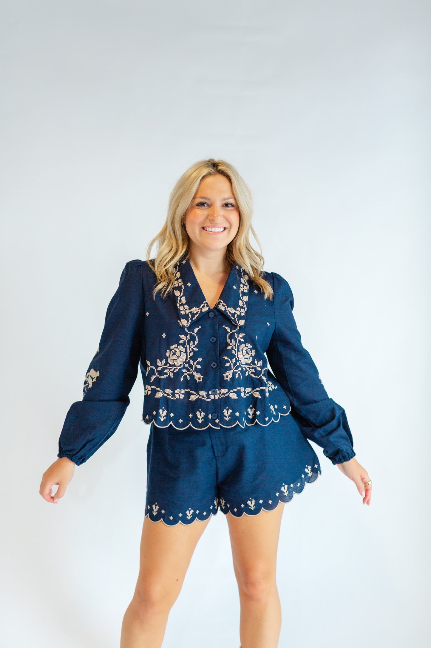 Navy Embroidered Short Set