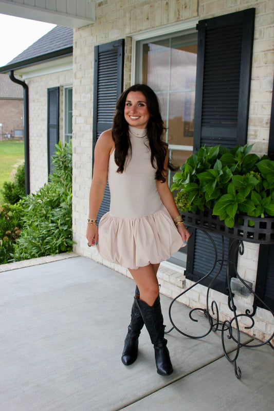 Taupe Bubble Drop Waist Ribbed Dress