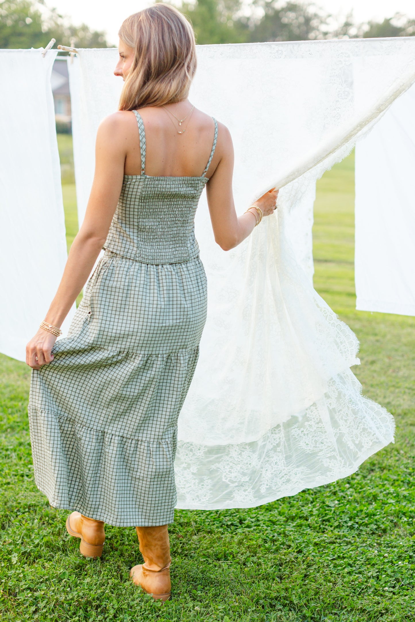 Green Plaid Midi Skirt Set
