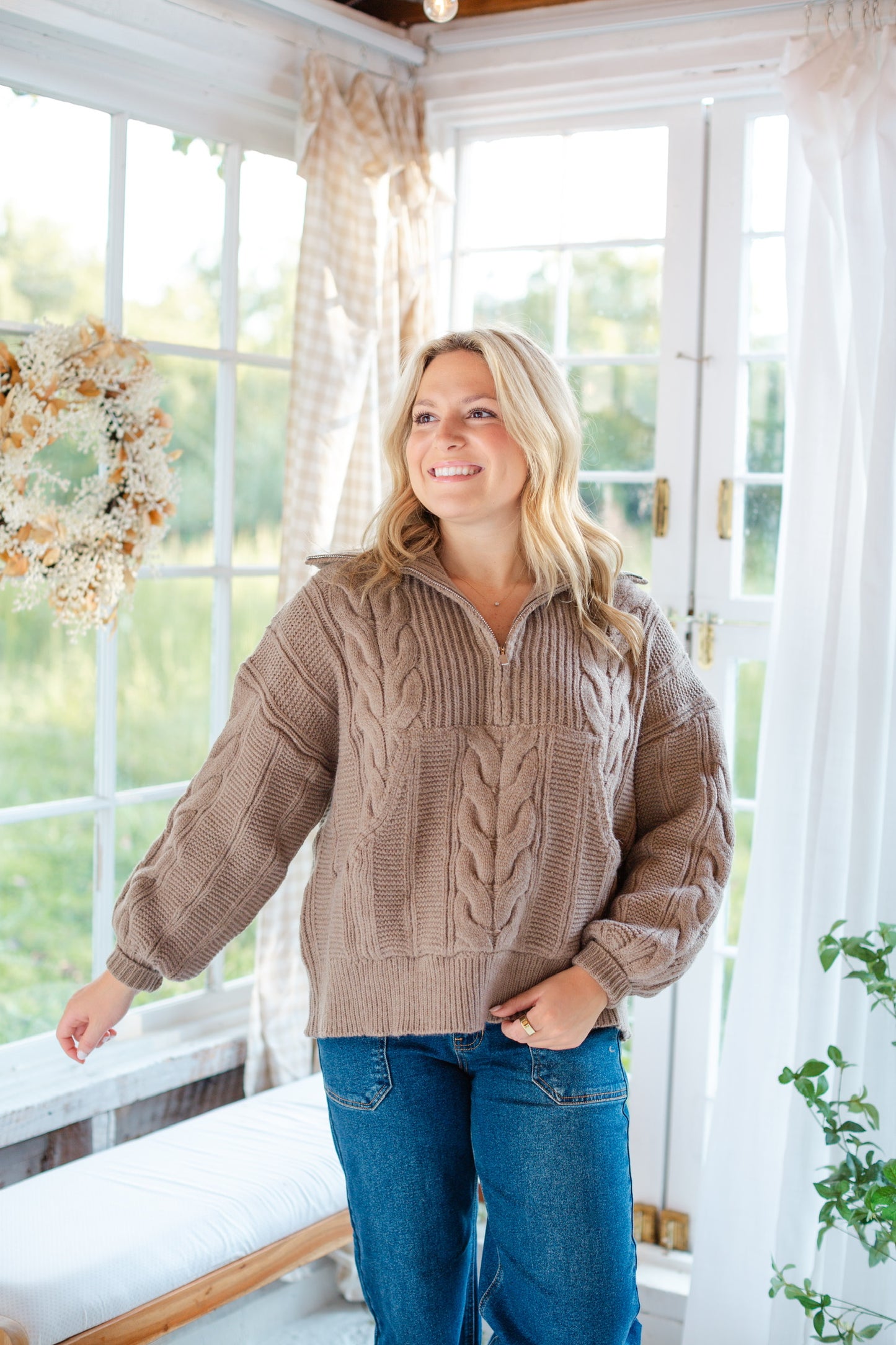 Taupe Chunky Cable Knit Half Zip Sweater