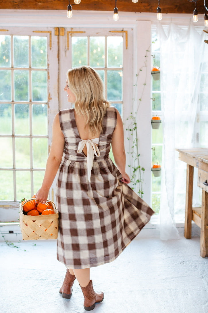 Brown Checkered Midi Dress