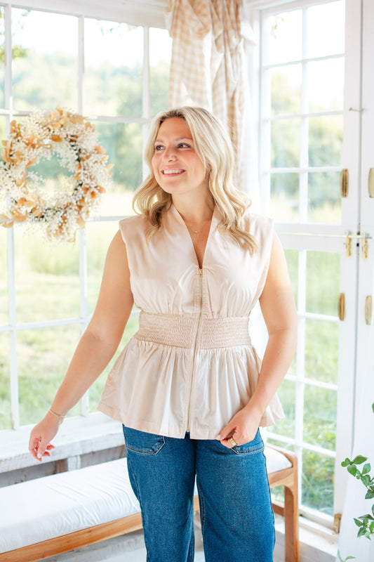Cream Zip Up Sleeveless Top