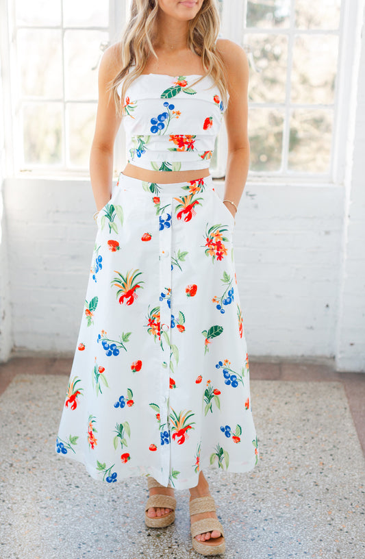 White Tropical Printed Matching Skirt Set