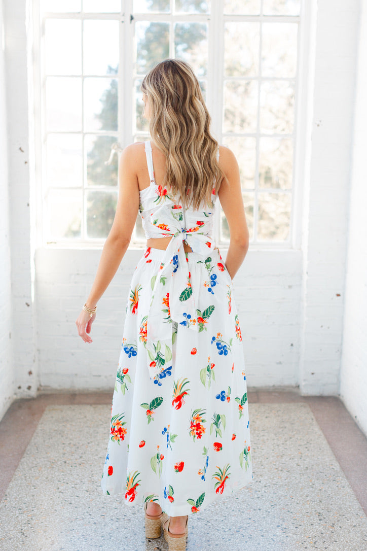 White Tropical Printed Matching Skirt Set