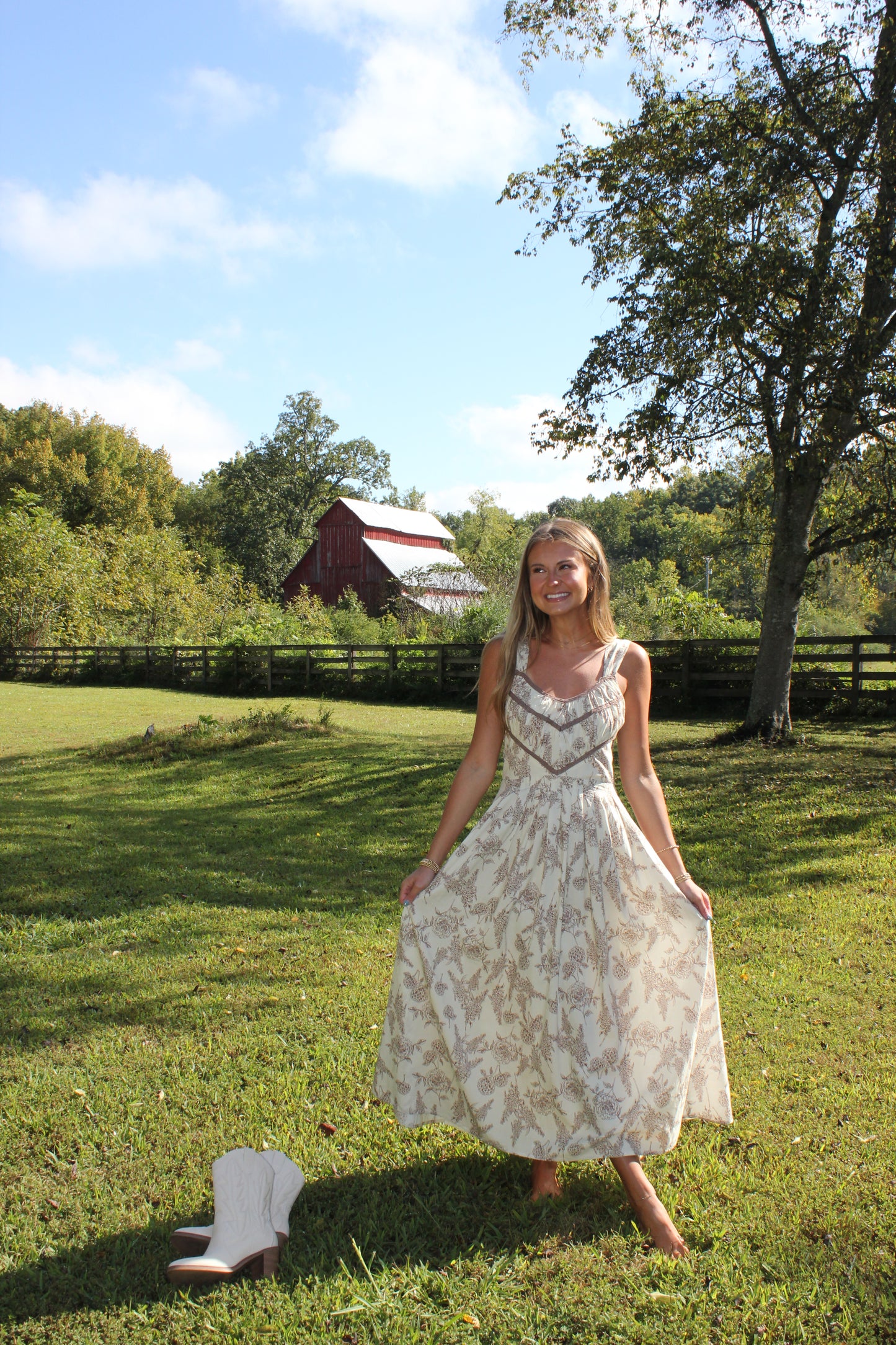 Cream & Brown Floral Maxi Dress